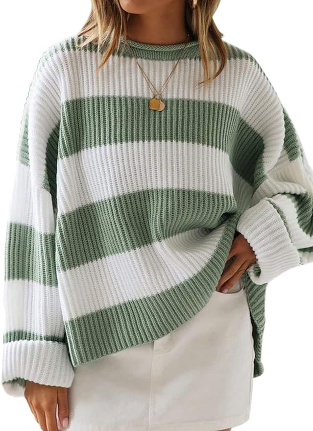 ZESICA Women's 2024 Fall Long Sleeve Crew Neck Striped Color Block Comfy Loose Oversized Knitted ... | Amazon (US)