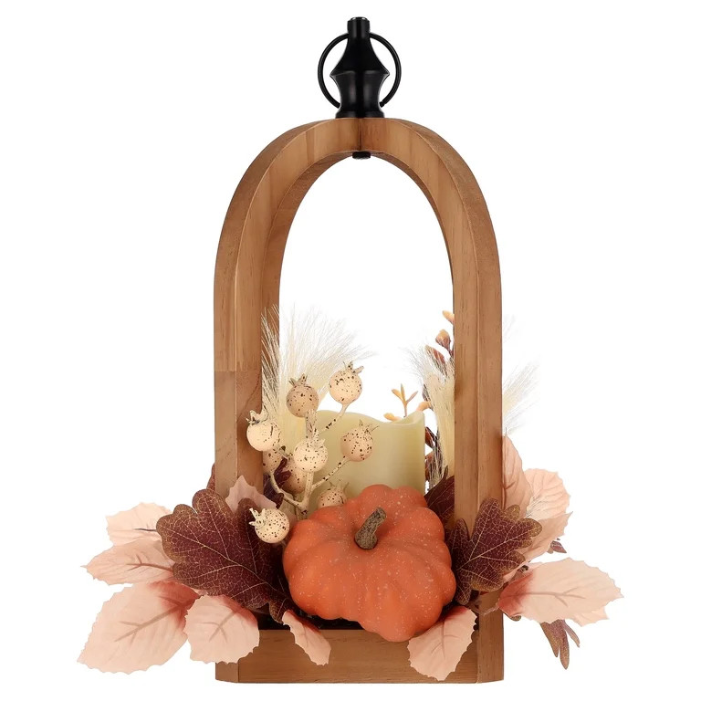 Light-Up Wood Foliage and Pumpkin Lantern Decoration, Orange and Cream, 15.5", Fall by Way To Cel... | Walmart (US)
