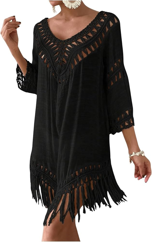 WDIRARA Women's Hollow Out Crochet Fringe Cover Up 3/4 Sleeve Beach Dress Coverups | Amazon (US)