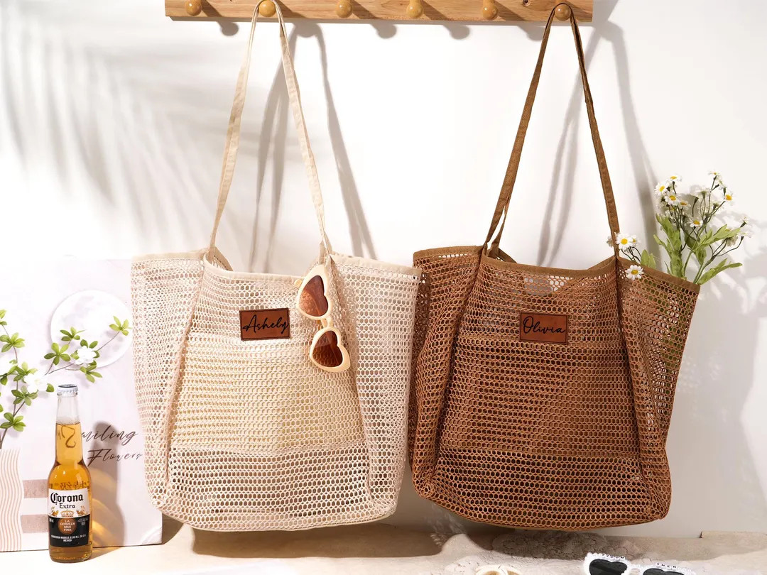 Personalized Beach Tote Bag: Sandproof Nylon Mesh, Leather Patch, Girls Trip Gifts | Etsy (Global)