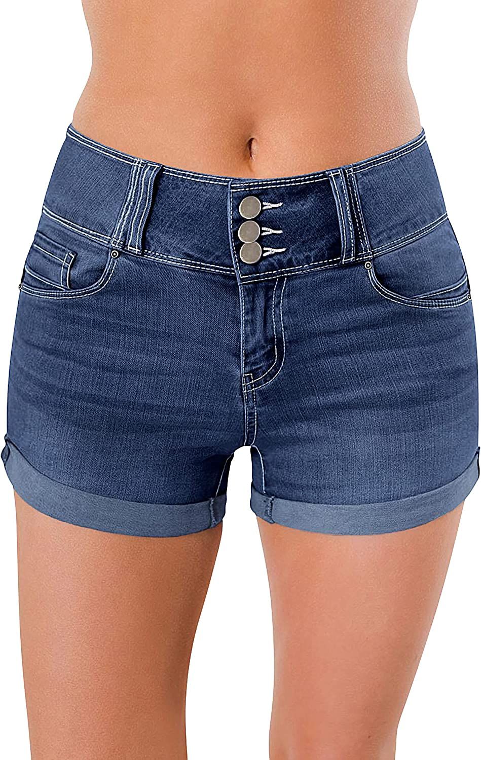 roswear Women's High Waisted Stretchy Denim Shorts Cuffed Jean Shorts | Amazon (US)