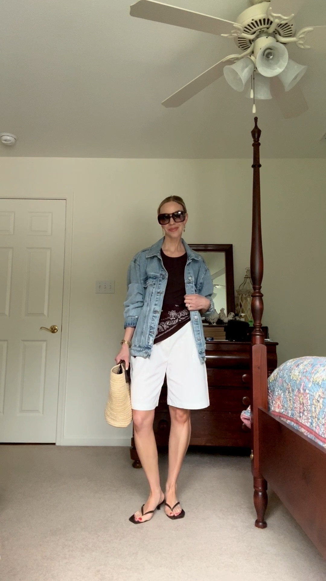 Summer outfit with oversized denim jacket, dark brown tank, white linen bermuda shorts, bandana scarf tied at the waist, Le Tanneur straw tote bag

#LTKTravel #LTKSeasonal #LTKSaleAlert