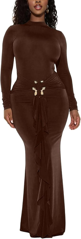 Voghtic Turtleneck Long Sleeve Bodycon Maxi Dress: Snake Metal Ruched Waist Mermaid Evening Party... | Amazon (US)