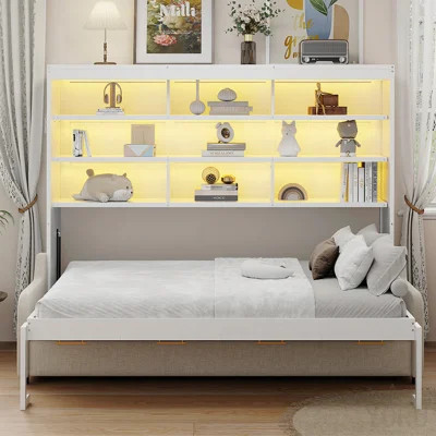 Queen Size Murphy Cabinet Bed With Folding Sofa,Built-In Storage Shelves And Led Light,Beige | Wayfair North America