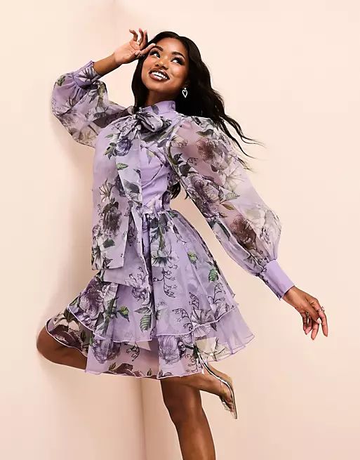 ASOS LUXE organza mini swing dress with pussybow in purple floral print | ASOS (Global)
