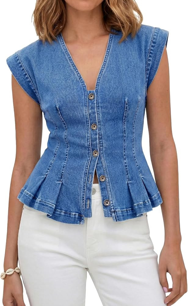 Tankaneo Womens V Neck Denim Vests Tops Trendy Summer Casual Button Down Y2k Fitted Pleated Sleev... | Amazon (US)