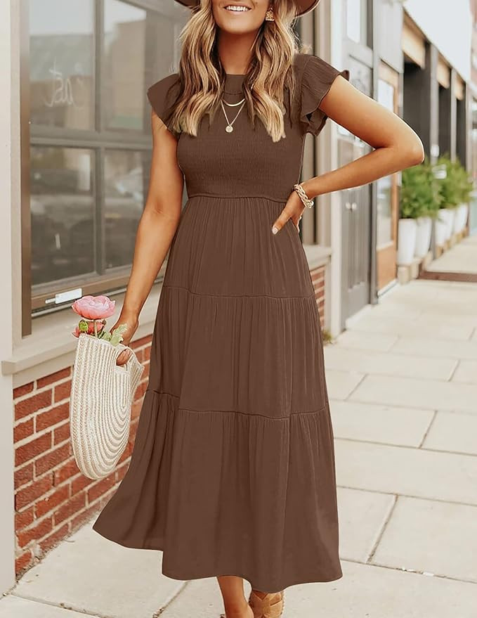 Women's Summer Casual Midi Dress Boho Flutter Sleeve Crew Neck Smocked Flowy Tiered A-Line Long B... | Amazon (CA)