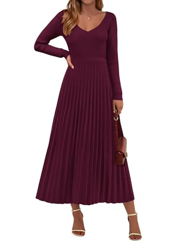 PRETTYGARDEN Women Sweater Dress Fall Fashion 2025 Long Sleeve V Neck Ribbed Knit Pleated A Line ... | Amazon (US)