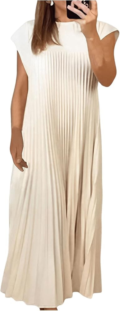 GORGLITTER Women's Pleated Church Maxi Dresses Summer Casual Short Sleeve Crew Neck Flowy Loose L... | Amazon (US)