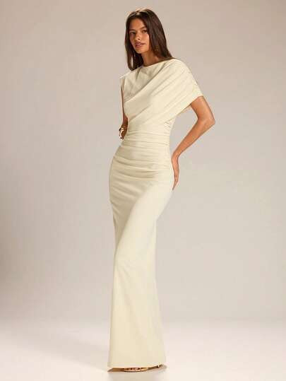 SHEIN BAE Apricot Color Asymmetrical Neckline Bodycon Straight Elegant Dress, Apricot Solid Color... | SHEIN