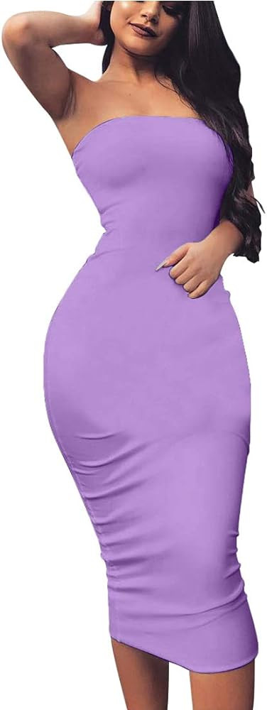 BORIFLORS Women's Basic Sleeveless Tube Top Sexy Strapless Bodycon Midi Club Dress | Amazon (US)
