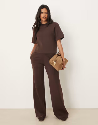 Mango cotton mix straight leg jersey trouser co-ord in brown | ASOS (Global)