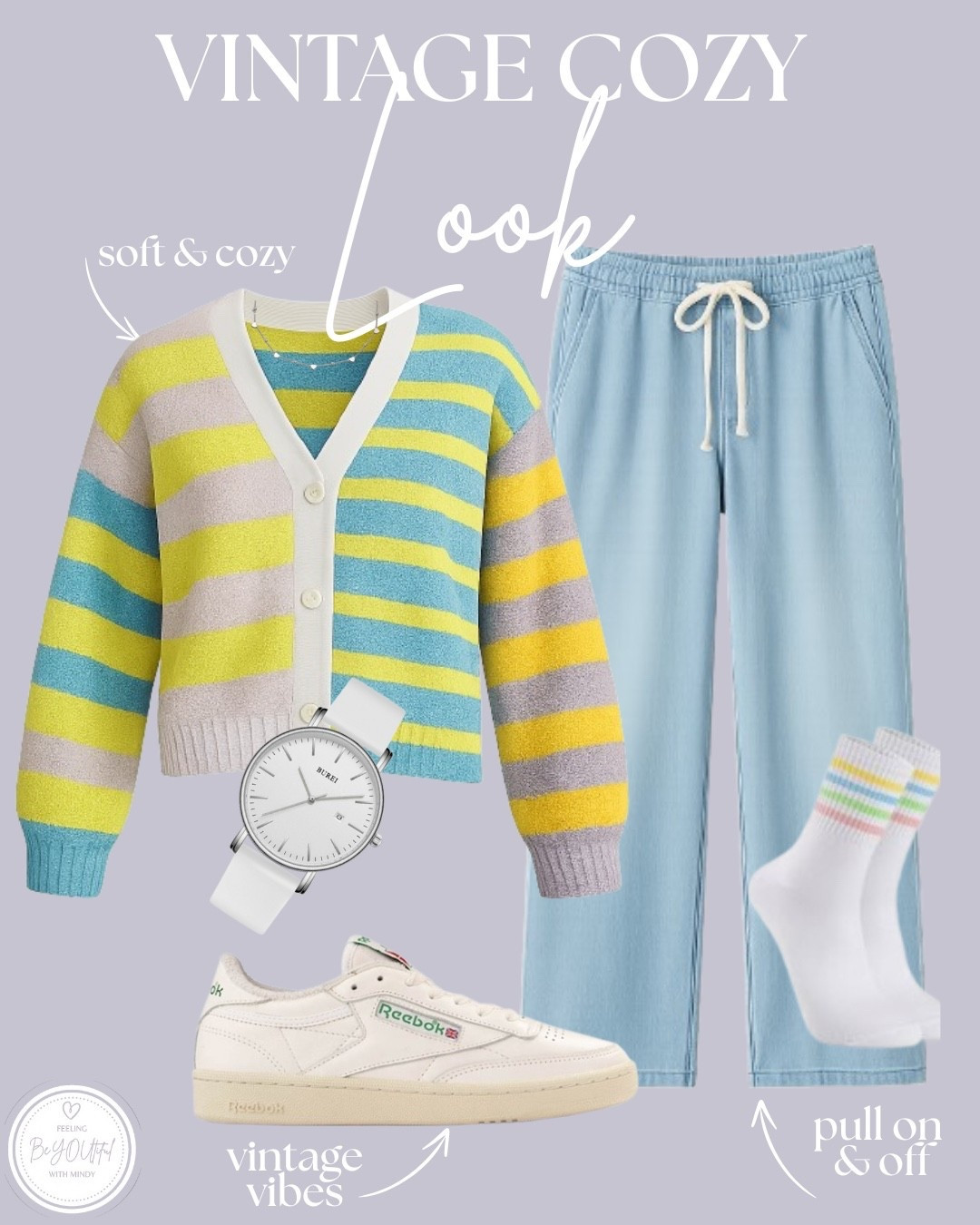 If fall had a vibe… this would be IT 👇🏻
Comfy, nostalgic, a little retro, and a whole lot of cozy 🥰

I’m obsessed with this soft striped sweater (total dupe for the $300 designer version 👀🙌), paired with the coziest pull-on jeans — think vintage fit but stretchy + comfy! 

Add the striped tube socks for that 90’s throwback moment ✅
Classic Reebok sneakers for the old-school charm ✅
Minimal necklace + clean white watch to keep it chic ✅

This look is giving: “Saturdays at the coffee shop, thrift run after, then curling up with a blanket and a good book.” ☕️📚🍁

Tap to shop everything 🤎⬇️
#ltkfashion #ltkfall #cozyvibes #vintageaesthetic #over40style #greygirlstyle #casualootd #falloutfitinspo #dupealert #affordablefashionfinds #momstyle #classiccasual