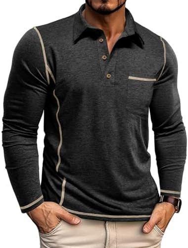 Men's Casual Long Sleeve Polo Shirts Collared Button Cotton T-Shirt Classic Stylish Golf Shirt wi... | Amazon (US)