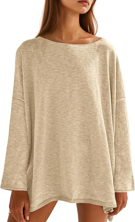 Tankaneo Womens Long Sleeve Shirts Oversized Lightweight Sweaters Crewneck Side Slit Hem Casual B... | Amazon (US)