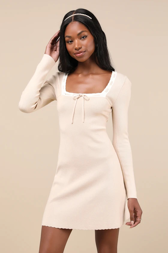 Definitely Sweet Beige Scalloped Long Sleeve Mini Sweater Dress | Lulus