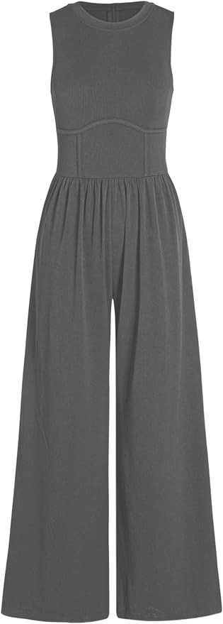 Jumpsuit for Women Sleeveless Wide Leg Overalls Casual Solid Crew Neck One Piece Outfits with Poc... | Amazon (US)
