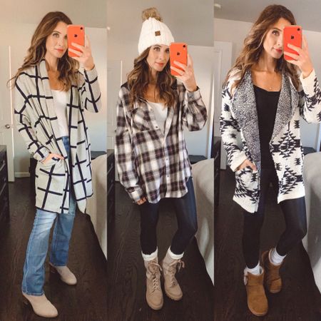 Loving these layered looks!! 
Plaid button down with hoodie- small
Chenille black and cream cardigan with pockets-small
gray and navy long cardigan with pockets-small

Use code NICOLE _XOXO25OFF at checkout!!

Cardigan, winter outfits, cozy outfits, plaid button downs, long cardigan , pink blush, boutique 

#LTKHoliday #LTKSeasonal #LTKunder100