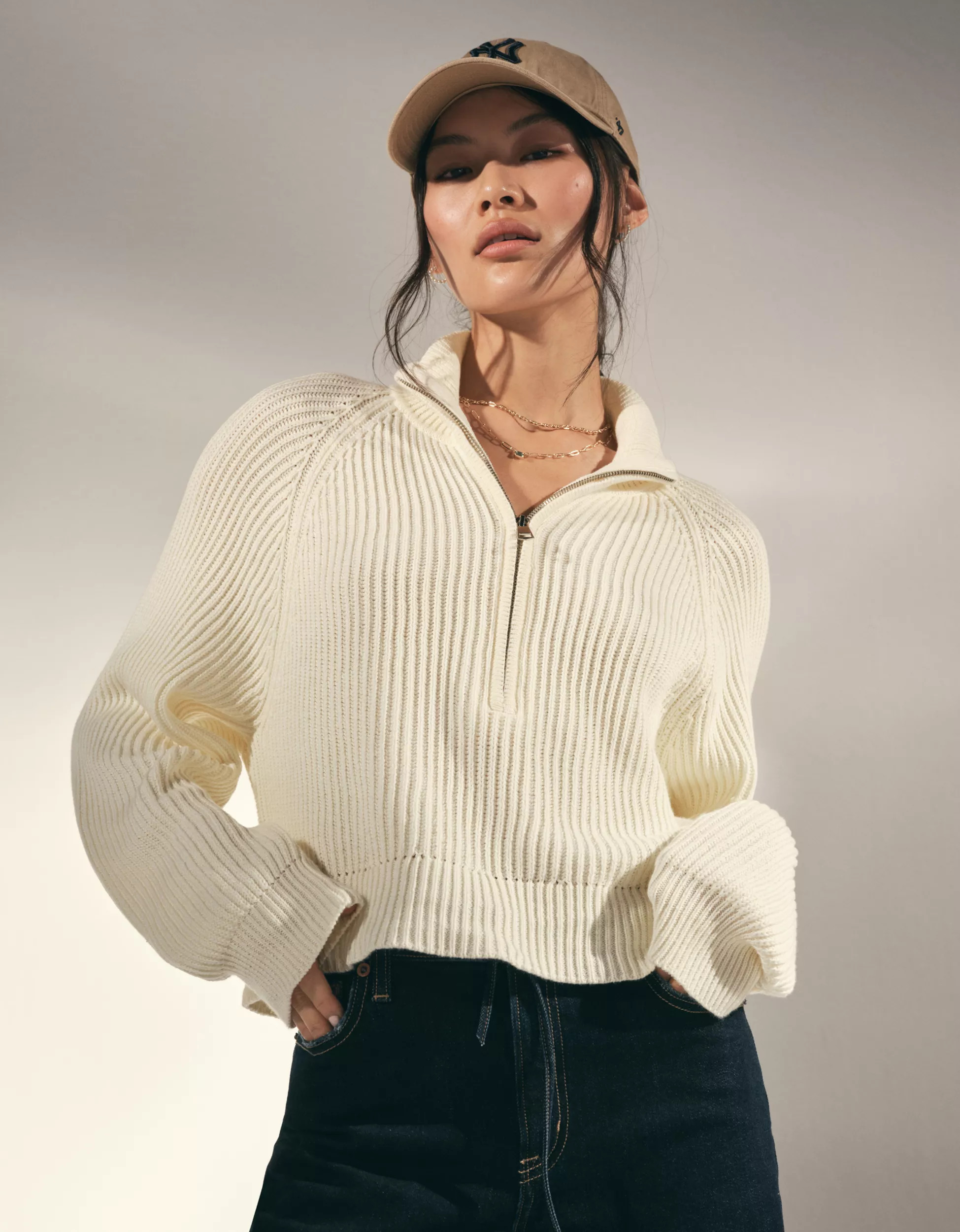 AE Cropped Mock Neck Quarter-Zip Sweater | American Eagle Outfitters (US & CA)