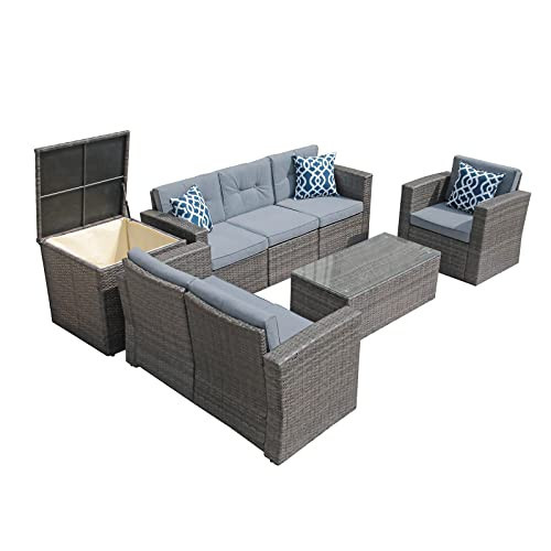 Super Patio 8 Pieces Outdoor Patio Furniture Set, Wicker Patio Conversation Sets with Storage Box, Rattan Outdoor Sectional Sofa Set with Cushions and Coffee Table for Outside Porch, Deck, Gray | Amazon (US)