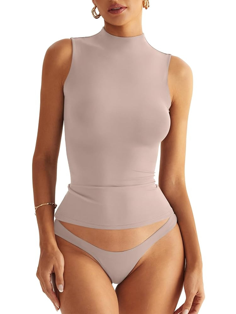 Women Sleeveless Mock Turtle Neck Tops Double Lined Fitted Tank Tops Basic T Shirts 2025 | Amazon (US)