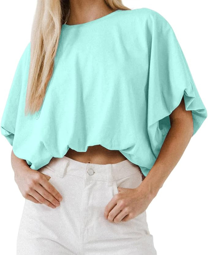 Womens Summer Crewneck Crop Tops Short Sleeve Casual Loose Cropped T Shirts | Amazon (US)