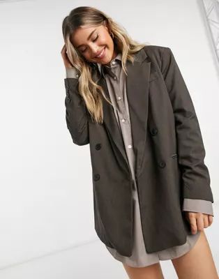 Bershka double breasted oversized blazer in chocolate brown | ASOS (Global)