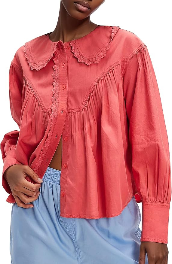 Womens Peter Pan Collar Shirt Cotton Button Down Blouses Lace Trim Loose Fit Casual Work Beach Lo... | Amazon (US)