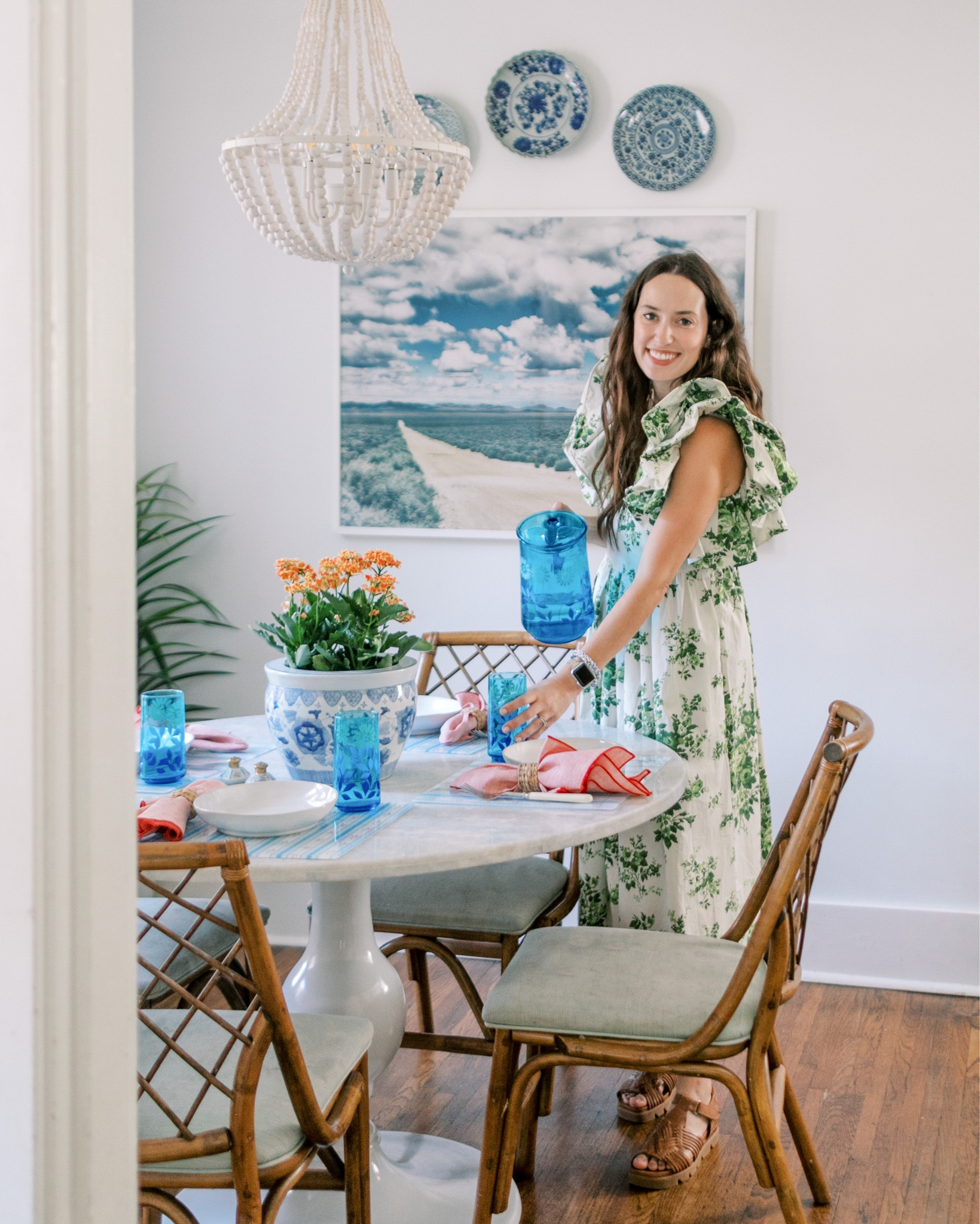 Table setting, Anthropologie furniture, dining room table, rattan chairs, toile dress, Tuckernuck dress, blue and white plates, napkins, home decor 

#LTKhome #LTKSeasonal #LTKstyletip