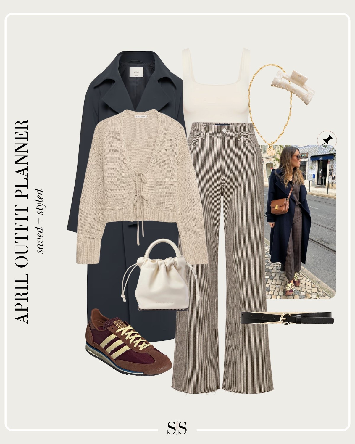 Monthly outfit planner APRIL: Spring transitional looks, saved + styled outfit inspo | tie front cardigan, striped brown denim, brown sneaker, dark trench coat, black belt

#springoutfit #casualstyle 

Image credit: Pinterest


#LTKStyleTip