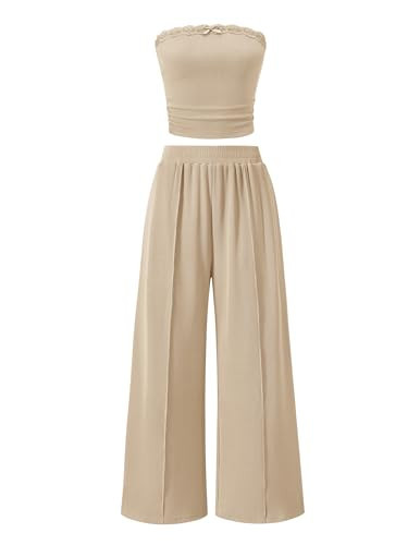 ZESICA Women's 2026 Summer 2 Piece Vacation Outfits Strapless Crop Tube Tops and Wide Leg Pants Travel Matching Sets Apricot Small | Amazon (US)