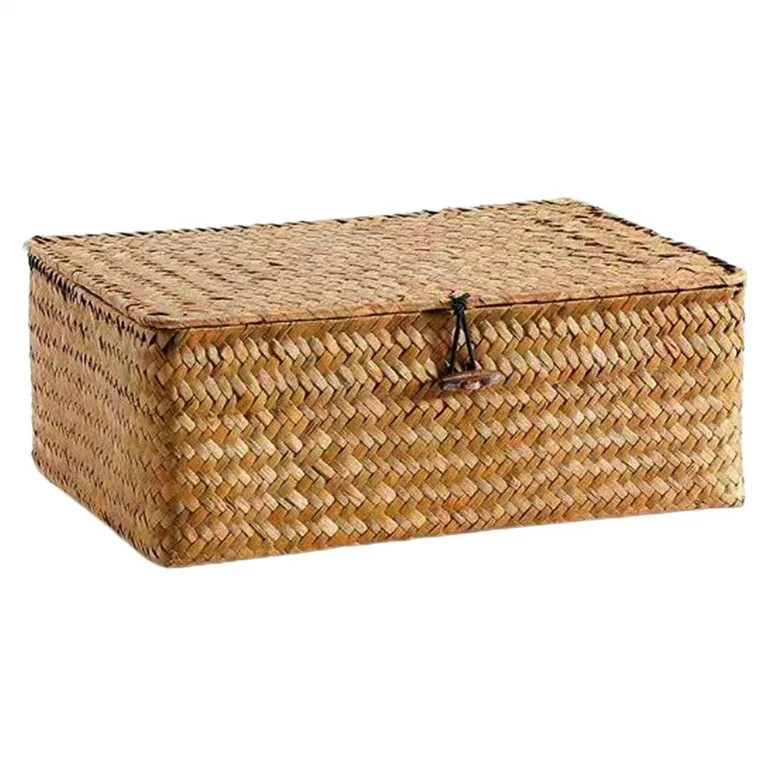 pdqouc Clearance Woven Wicker Storage Bins with Lid, Button Hand-woven Rattan Desktop Storage Box... | Walmart (US)