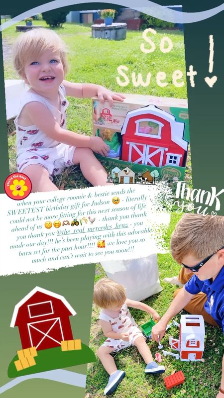 when your college roomie & bestie sends the SWEETEST birthday gift for Judson 🥹 - literally could not be more fitting for this next season of life ahead of us 🤫🤭🫶🏽🚜🌾🐓 - thank you thank you thank you @the_real_mercedes_kenz - you made our day!!! he’s been playing with this adorable barn set for the past hour!!!! 🥰 we love you so much and can’t wait to see you soon!!! 