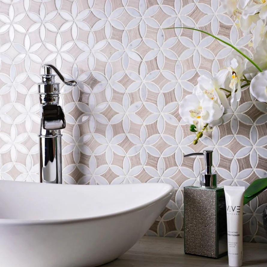 Roman Flower Wooden Beige And Carrara Marble Mosaic Tile | Tile Club