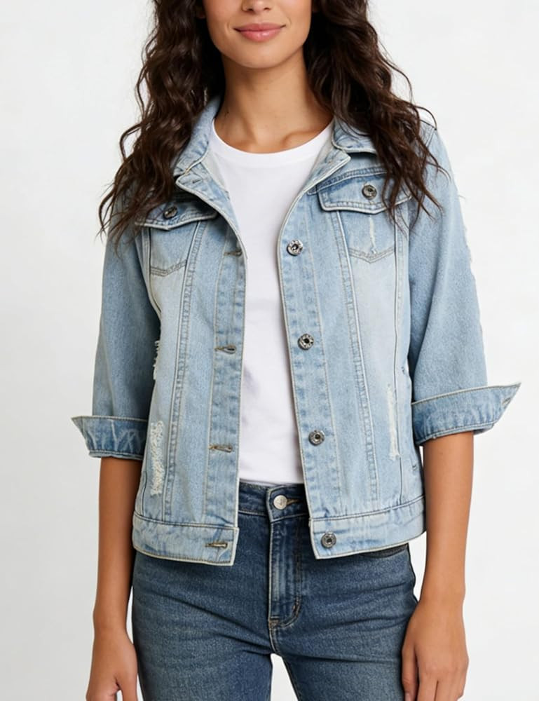 AMEBELLE Women's 3/4 Sleeve Strech Distress Slim Crop Denim Jean Trucker Jacket | Amazon (US)