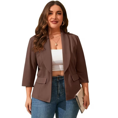 Coolmee Women Plus Size Blazers Business Casual Long Sleeve Open Front Work Office Suit Jackets Trendy Clothes with Pockets 2XL Brown | Target