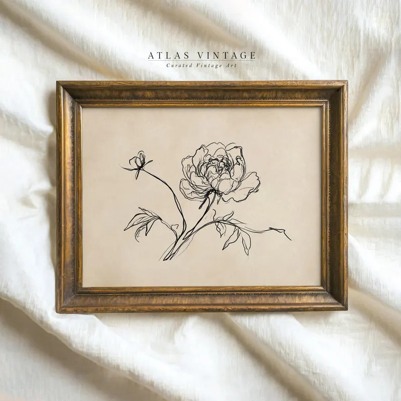 Vintage Peony Line Art Prin, Minimalist Beige Floral Drawing, Elegant B&W Flower Sketch, Rustic F... | Etsy (US)