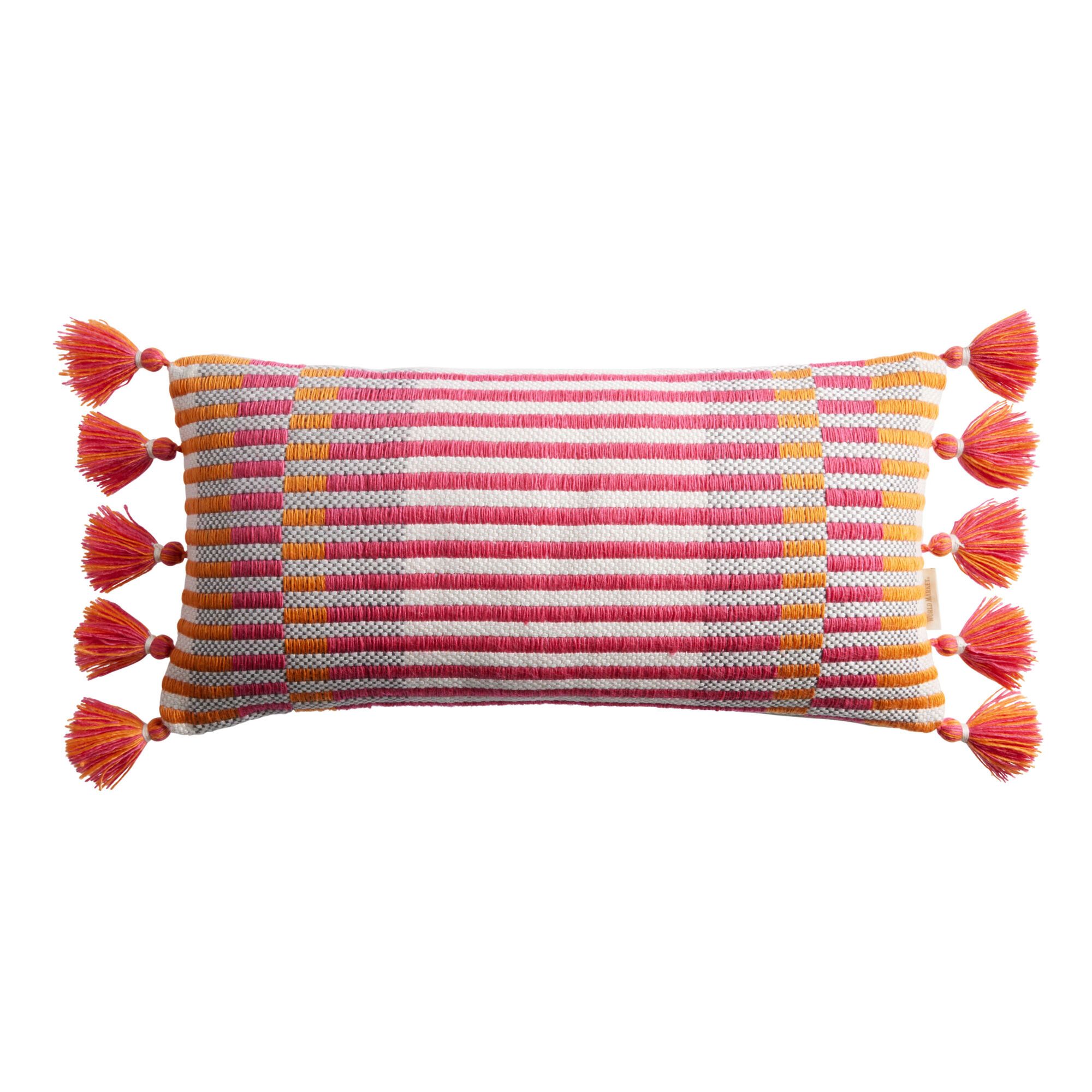 Fuchsia Multi Stripe Fringe Indoor Outdoor Lumbar Pillow - World Market | World Market