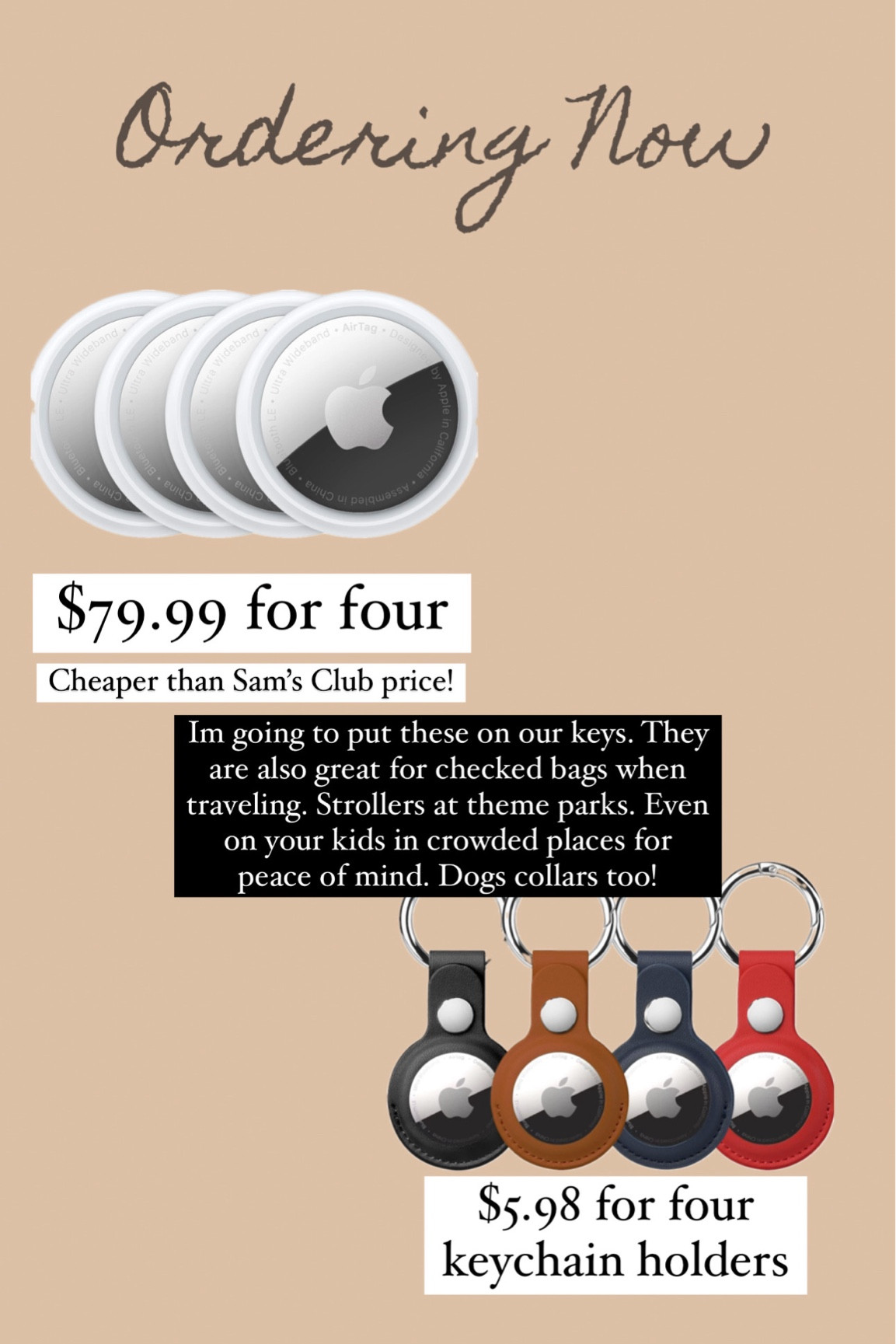 Great price for Apple air tags! Im going to put them on our keys. They are also great for checked bags when traveling. Strollers at theme parks. Even on your kids in crowded places for peace of mind. Dogs collars too!

#LTKsalealert #LTKtravel #LTKfindsunder100