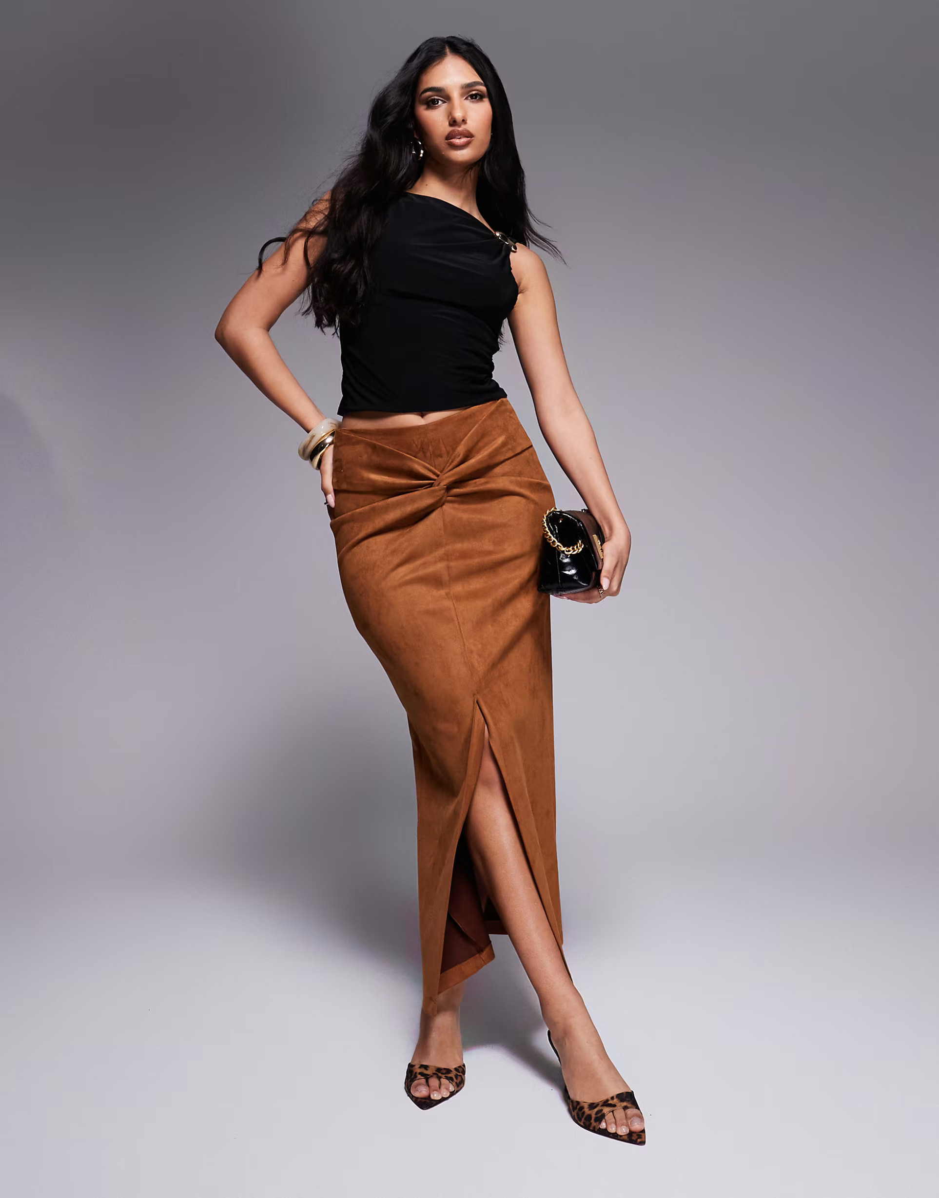 River island suedette twist front midi skirt in brown | ASOS (Global)