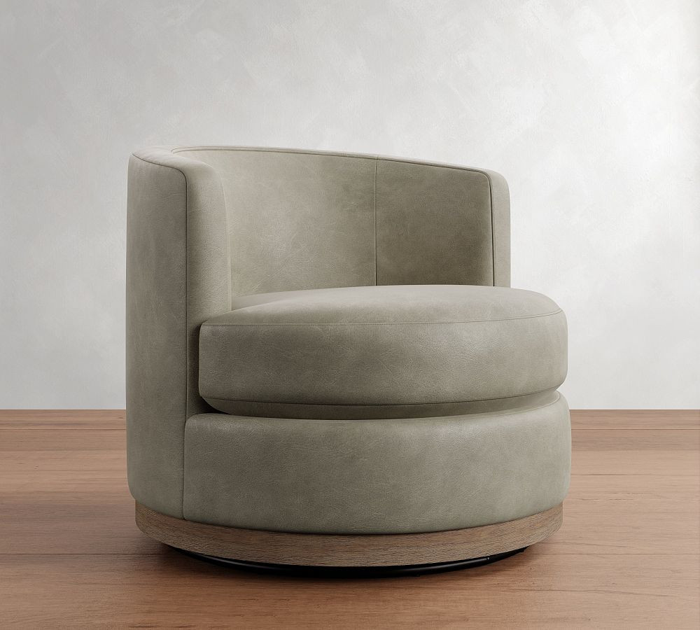 Balboa Leather Petite Swivel Armchair with Wood Base, Polyester Wrapped Cushions, Gravel Pewter | Pottery Barn (US)
