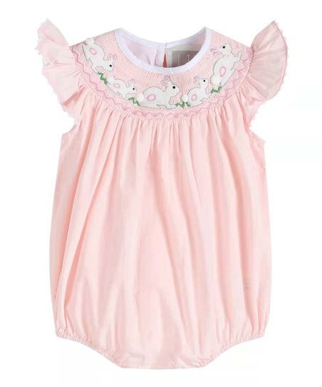 Pink & White Bunnies Smocked Angel-Sleeve Bubble Bodysuit - Infant & Toddler | Zulily