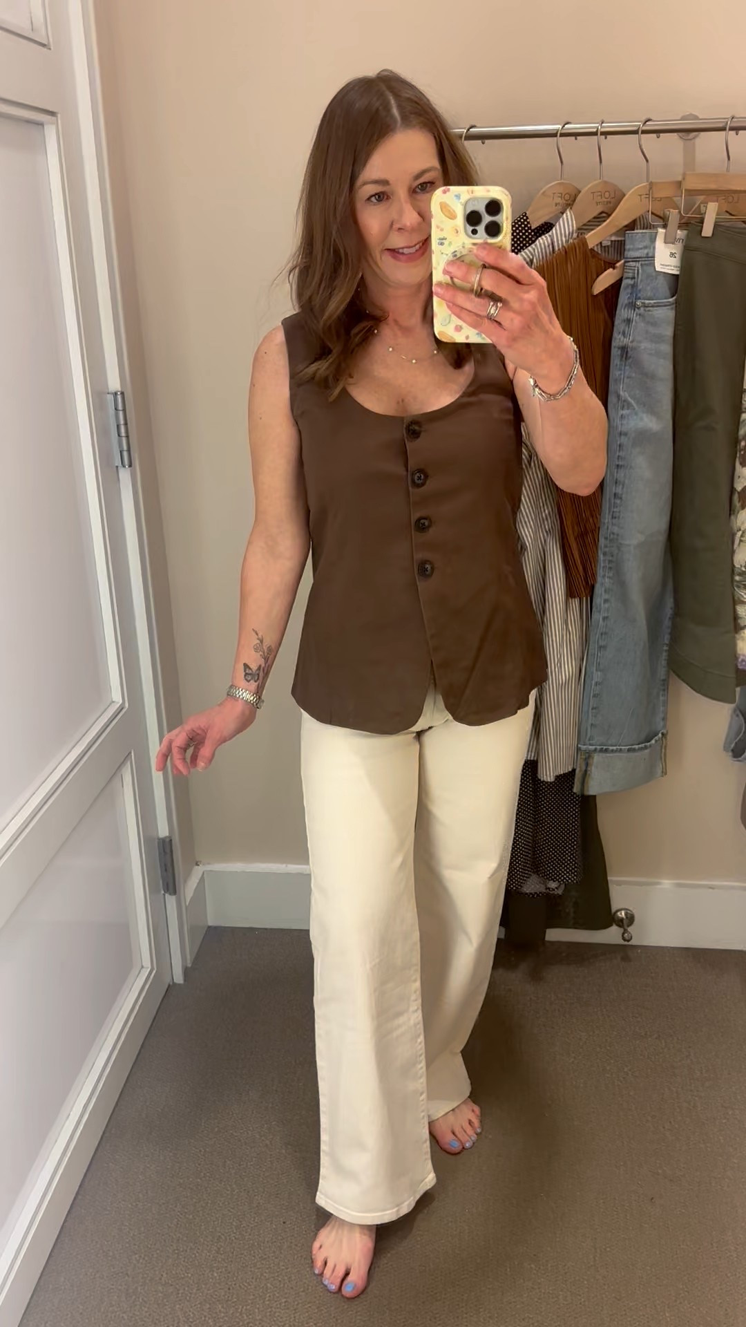 Loft store Tryon 
Vest size small
Cream wide leg jeans (size down) 
#loft #loveloft 

#LTKPetite