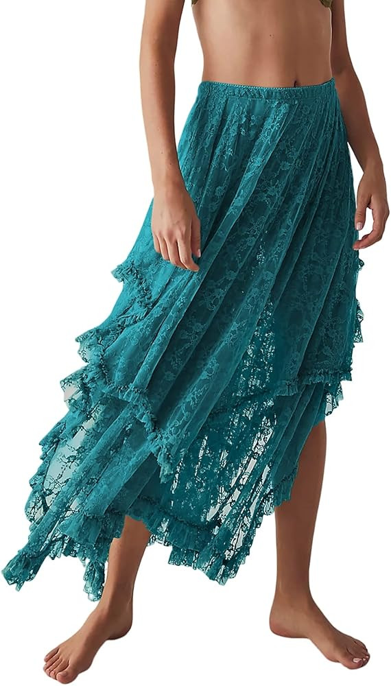 R.Vivimos Women Lace Long Skirts Summer Elastic Asymmetrical Layered Hem Sexy See-Through Beach F... | Amazon (US)