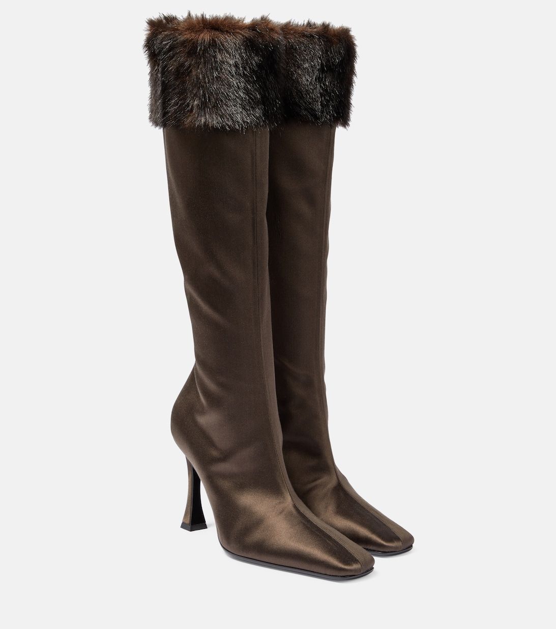 Faux fur-trimmed satin knee-high boots | Mytheresa (UK)