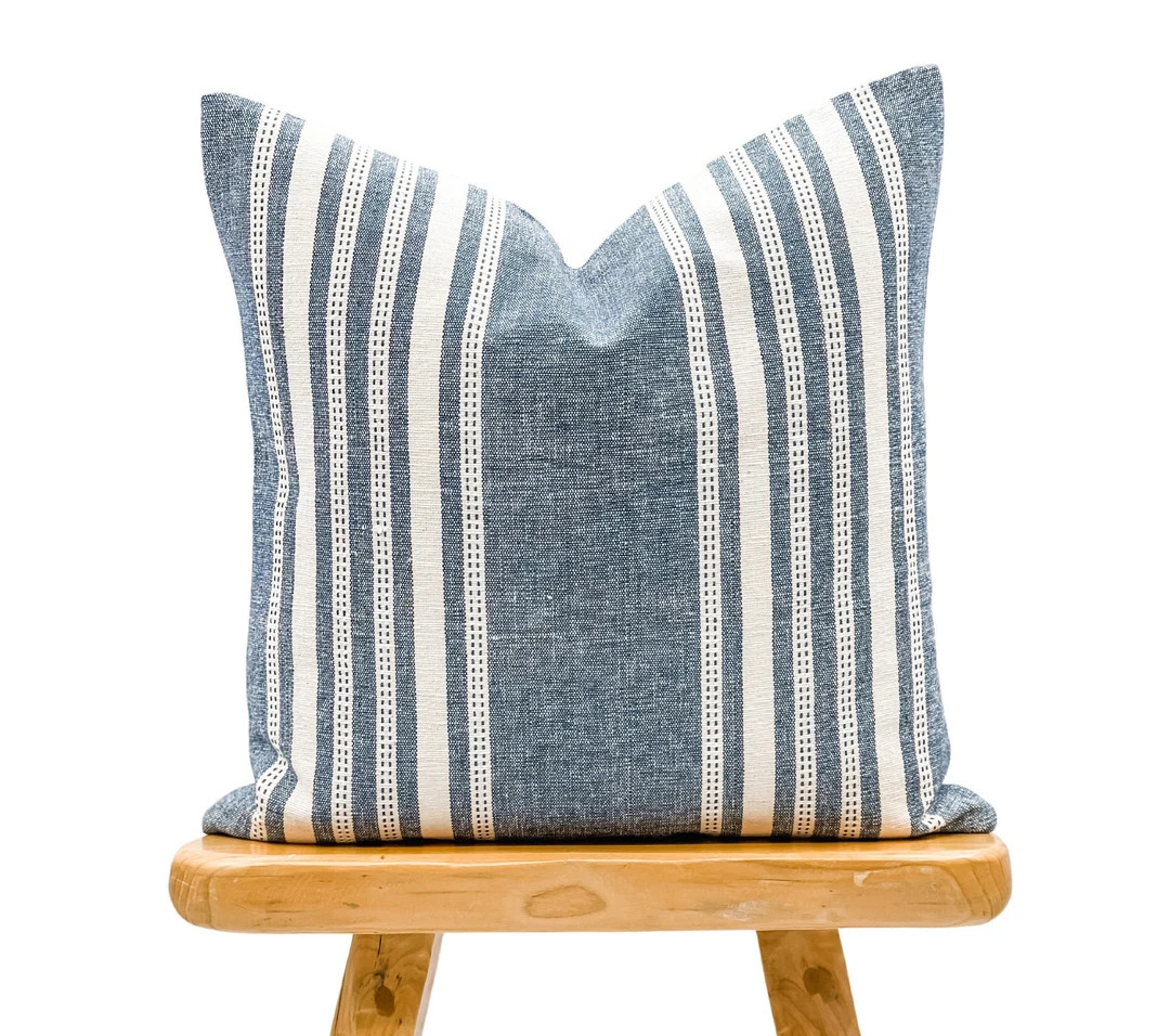 Cotton pillow cover, Navy Blue with White Stripes Throw Pillow Cover, Blue Pillow, Farmhouse Pill... | Etsy (US)