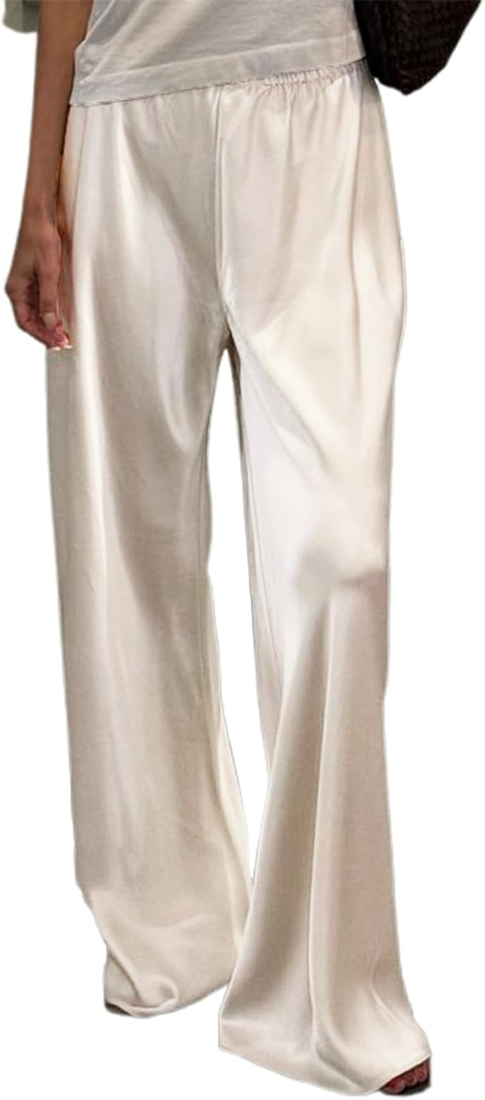 SOLILOQUY Women Y2K Satin Wide Leg Pants Casual Elastic High Waist Solid Loose Fit Lounge Pants O... | Amazon (US)