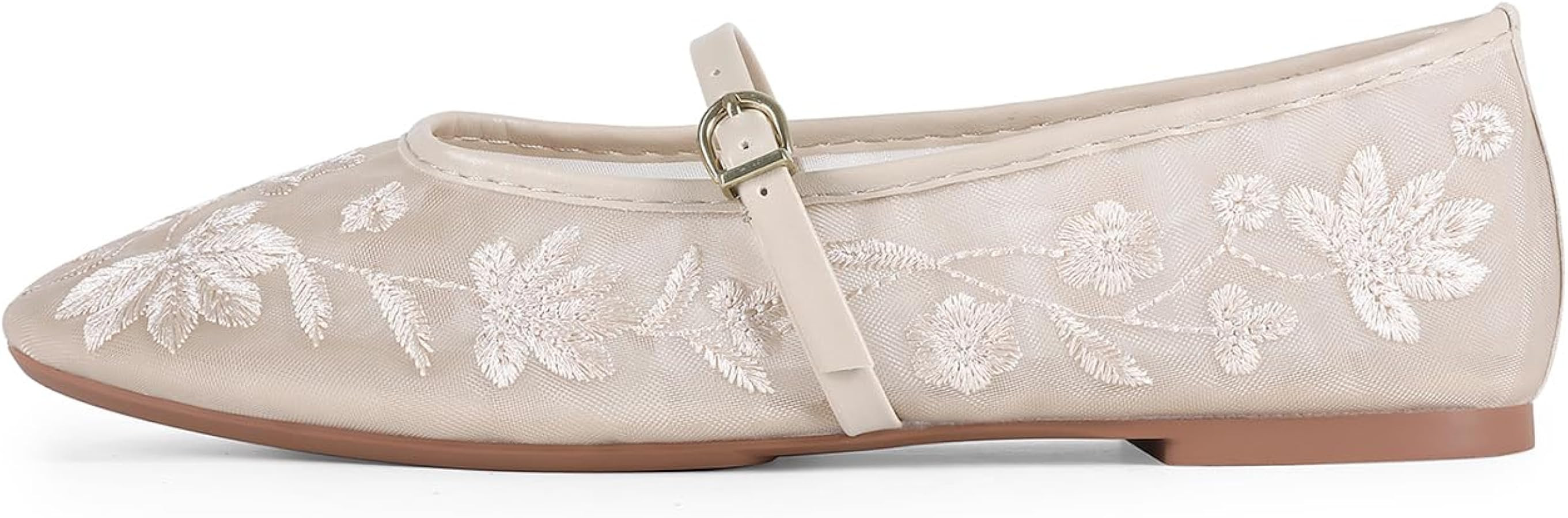 MRKEWUNEY Mesh Ballet Flats for Women Embroidered Floral Round Toe Mary Jane | Amazon (US)