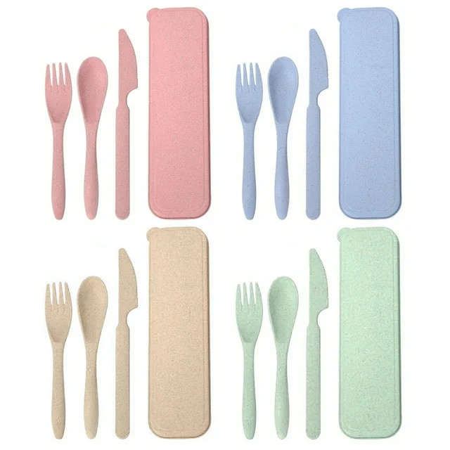 Aousthop Travel Utensil Set with Case, 4 Sets Wheat Straw Reusable Spoon Knife Forks Tableware,Po... | Walmart (US)
