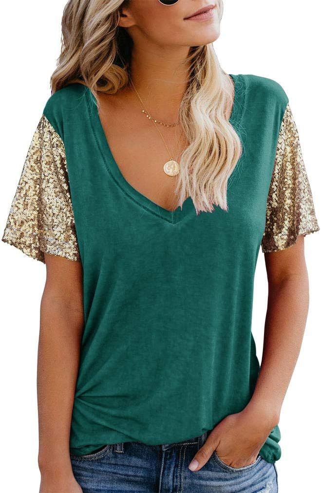 Topstype Women's Sequin Short Sleeve Tee V Neck T Shirts Glitter Sparkles Loose Blouse Tops | Amazon (US)